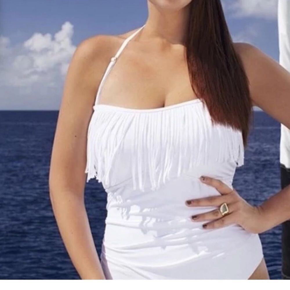 SWIMSUIT FOR ALL X TROPICULTURE FRINGE BANDEAU WHITE SWIMSUIT SIZE 14